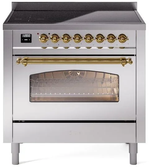 ILVE Nostalgie II 36″ Induction Range with Element Stove and Electric Oven in Stainless Steel with Brass Trim, UPI366NMPSSG