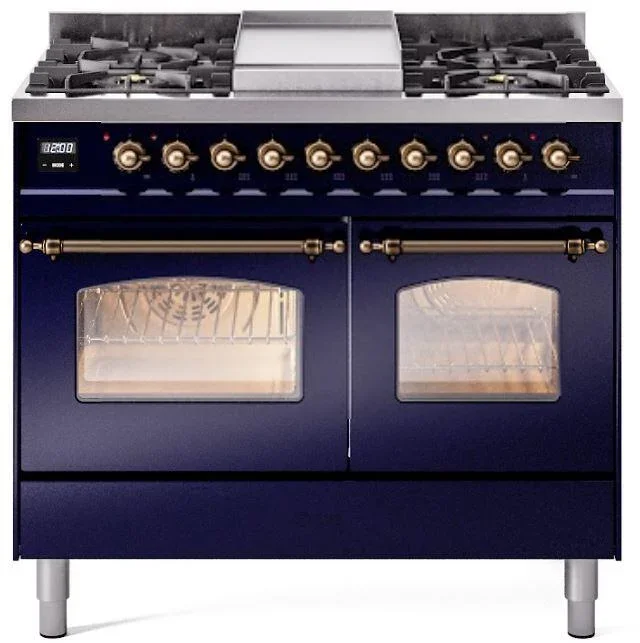 ILVE Nostalgie II 40″ Dual Fuel Natural Gas Range in Blue with Bronze Trim, UPD40FNMPMBB