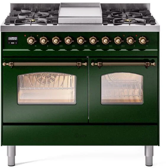 ILVE Nostalgie II 40″ Dual Fuel Natural Gas Range in Emerald Green with Bronze Trim, UPD40FNMPEGB