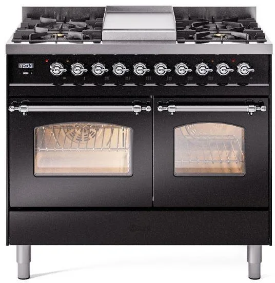 ILVE Nostalgie II 40″ Dual Fuel Propane Gas Range in Black with Chrome Trim, UPD40FNMPBKCLP