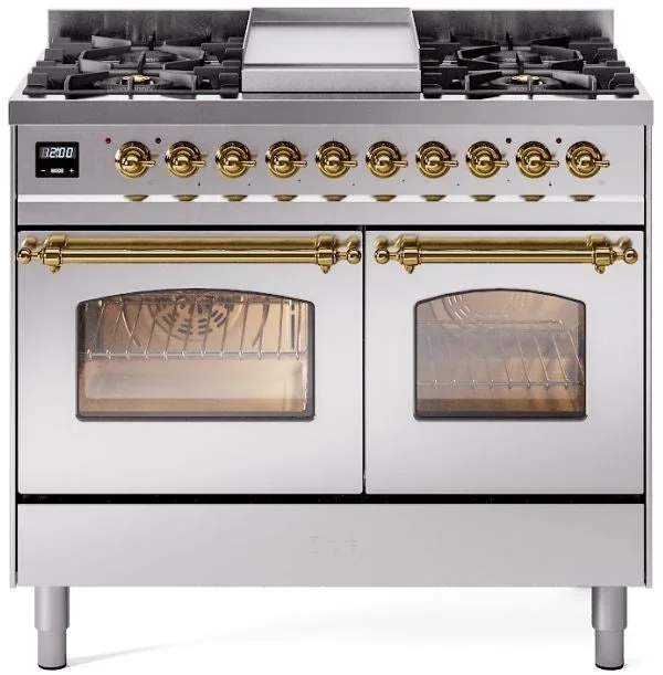 ILVE Nostalgie II 40″ Dual Fuel Propane Gas Range in Stainless Steel with Brass Trim, UPD40FNMPSSGLP