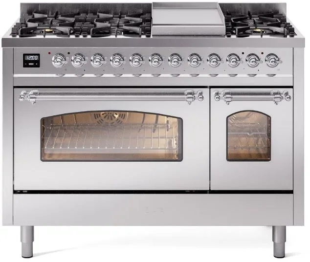 ILVE Nostalgie II 48″ Dual Fuel Propane Gas Range in Stainless Steel with Chrome Trim, UP48FNMPSSCLP
