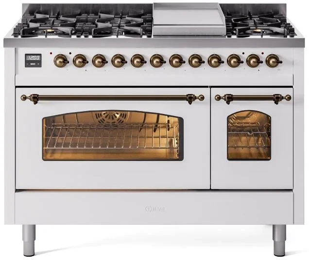ILVE Nostalgie II 48″ Dual Fuel Propane Gas Range in White with Bronze Trim, UP48FNMPWHBLP