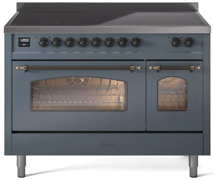 ILVE Nostalgie II 48″ Induction Range with Element Stove and Electric Oven in Blue Grey with Bronze Trim, UPI486NMPBGB