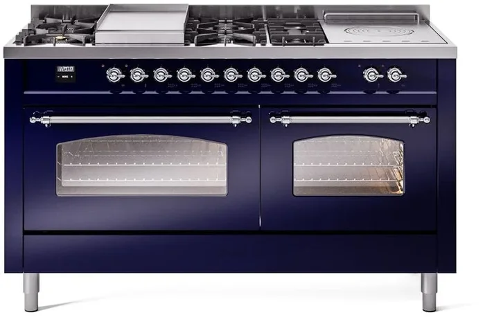 ILVE Nostalgie II 60″ Dual Fuel Natural Gas Range in Blue with Chrome Trim, UP60FSNMPMBC