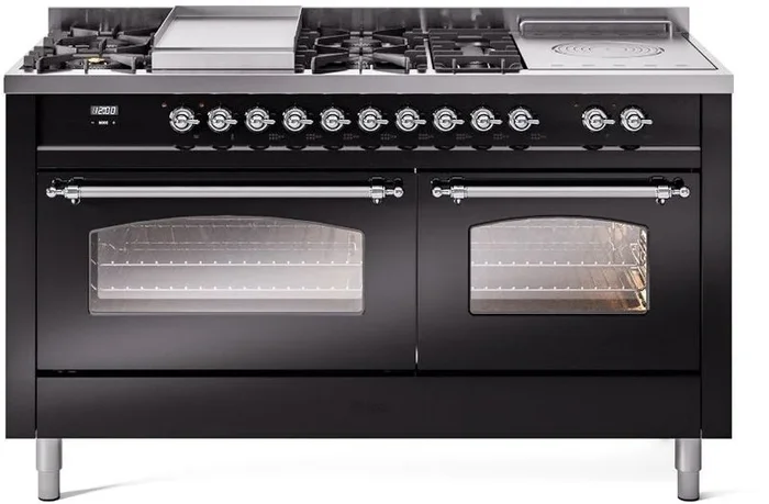 ILVE Nostalgie II 60″ Dual Fuel Natural Gas Range in Glossy Black with Chrome Trim, UP60FSNMPBKC