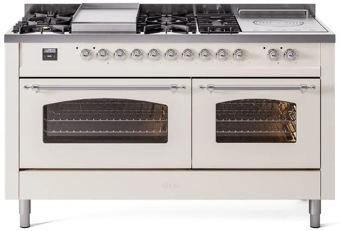ILVE Nostalgie II 60″ Dual Fuel Propane Gas Range in Antique White with Chrome Trim, UP60FSNMPAWCLP