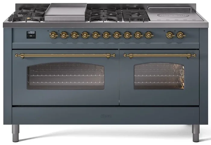 ILVE Nostalgie II 60″ Dual Fuel Propane Gas Range in Blue Grey with Brass Trim, UP60FSNMPBGGLP
