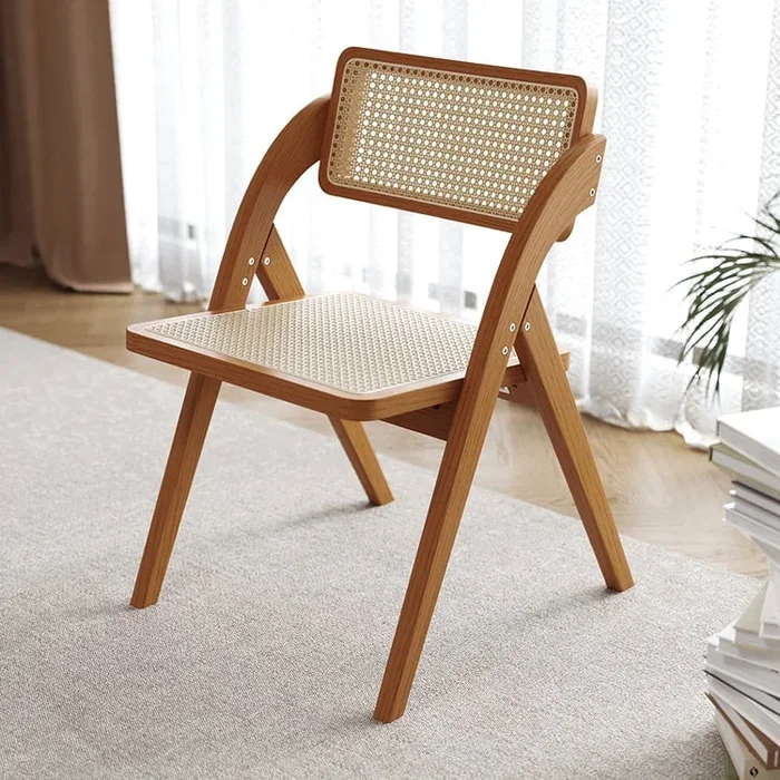 Japandi Walnut Folding Dining Chair Solid Wood Rattan Side Chair 8-Pieces