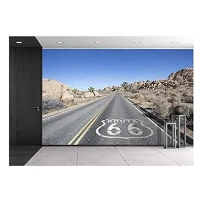 Joshua Tree Highway with Route 66 Pavement Sign in California’s Mojave Desert. – Removable Wall Mural | Self-Adhesive Large Wallpaper – 66×96 inches
