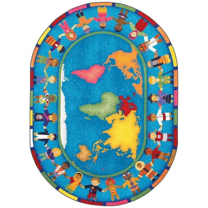 Joy Carpets Kid Essentials Hands Around the World 7’8 x 10’9 Oval Area Rug in Color Multi