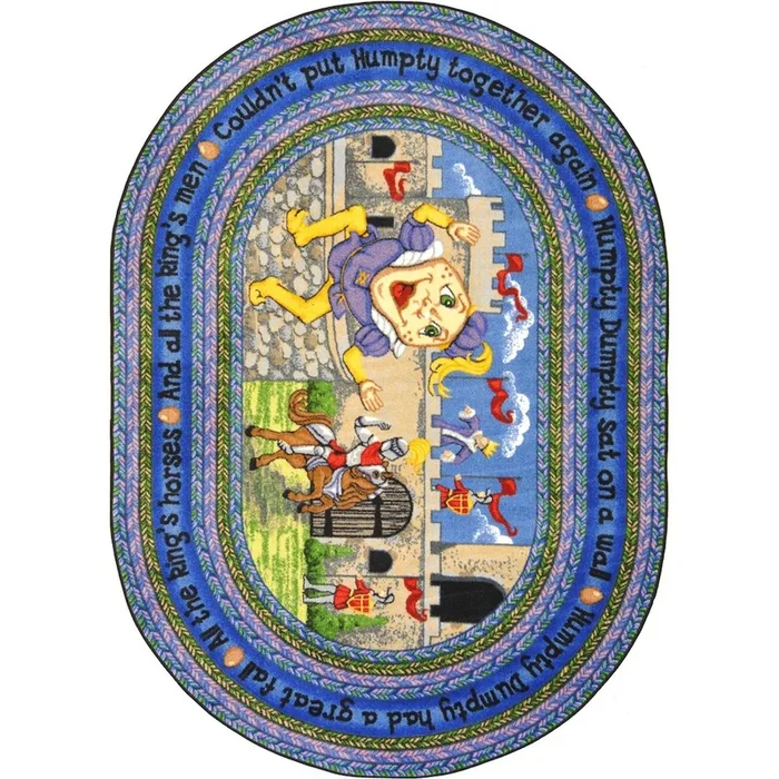 Joy Carpets Kid Essentials Humpty Dumpty 7’8 x 10’9 Oval Area Rug in Color Multi
