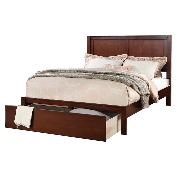Kali Platform King Size Bed, Panel Design, 1 Storage Drawer, Cherry Brown – Benzara
