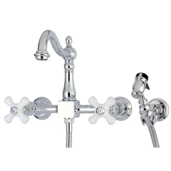 Kingston Brass KS1261PXBS Heritage Wall Mount Bridge Kitchen Faucet with Brass Sprayer, Polished Chrome