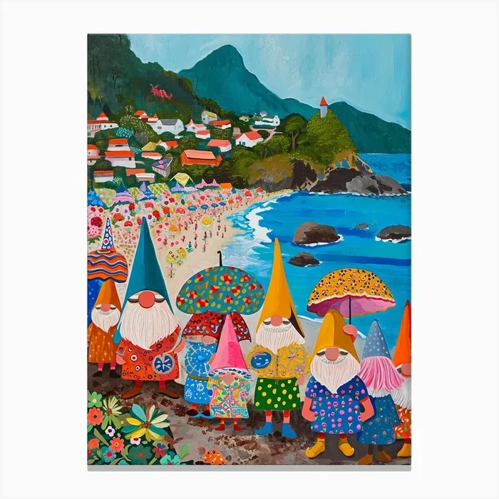 Kitsch Folk Painting Of Gnomes On The Beach 1 Canvas Print by Bubblegum Kitsch