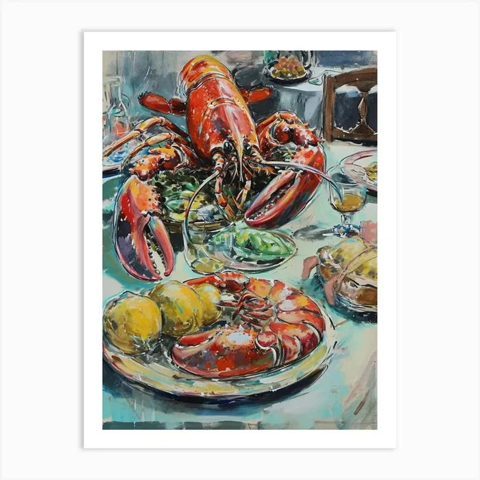 Kitsch Lobster Banquet Painting 4 Art Print by Bubblegum Kitsch