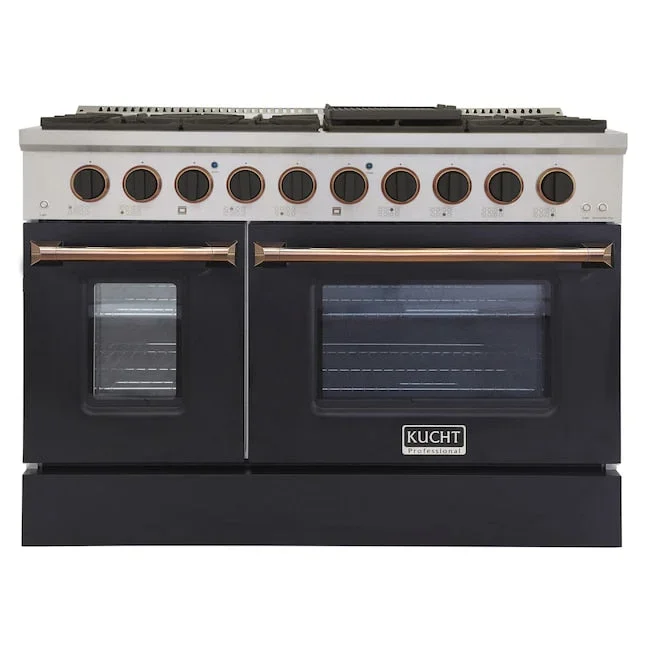 Kucht Signature 48 In. 6.7 cu ft. Propane Gas Range with Black Door and Gold Accents, KNG481/LP-K-GOLD