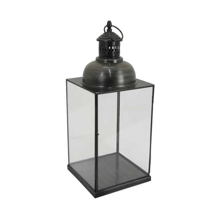 Laila Lantern, Black Metal, Glass Panels, Square Base, 18 Inch Tall – Benzara