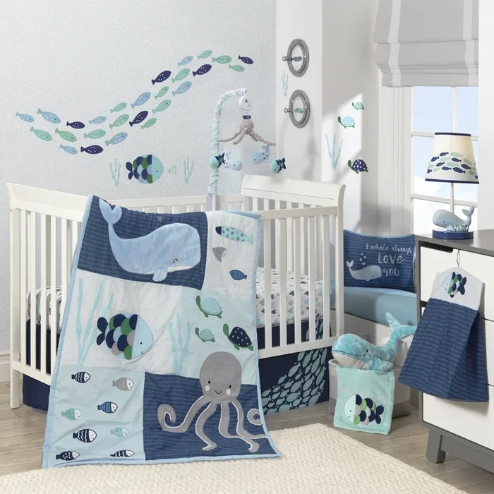 Lambs & Ivy Oceania 6-Piece Baby Crib Bedding Set – Blue Ocean, Nautical, Aquatic, Whale, Octopus Theme