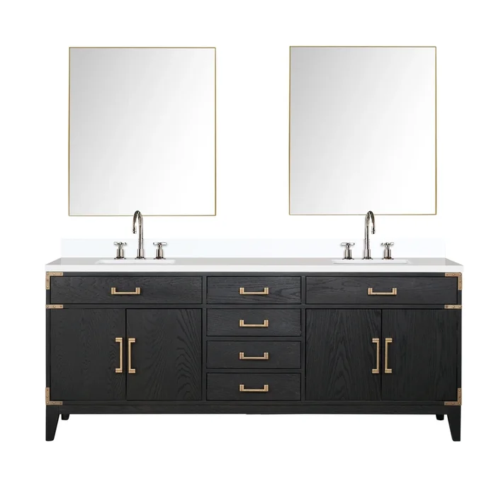 Laurel 80 in W x 22 in D Black Oak Double Bath Vanity, White Quartz Top, Faucet Set, and 36 in Mirrors