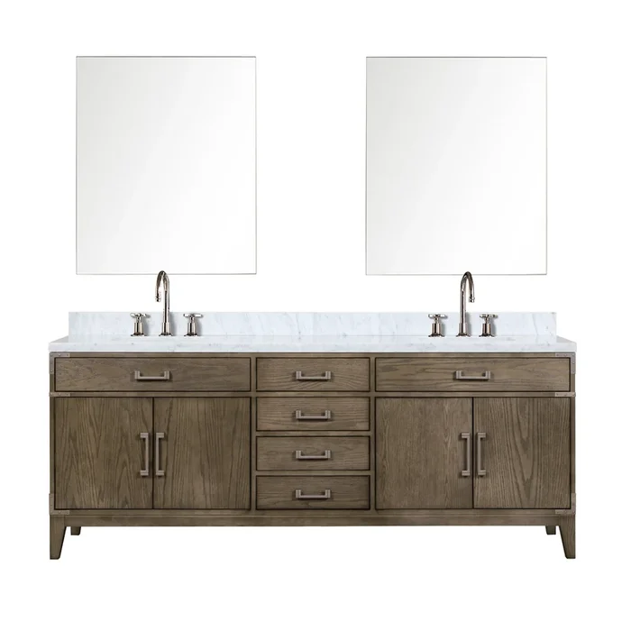 Laurel 84 in W x 22 in D Grey Oak Double Bath Vanity, Carrara Marble Top, Faucet Set, and 36 in Mirrors