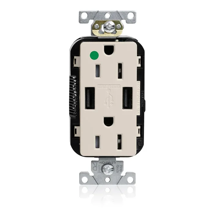 Leviton 15A Lev-Lok USB Tamper-Resistant Hospital-Grade Outlet Type A-A Light Almond (M56AA-HGT)