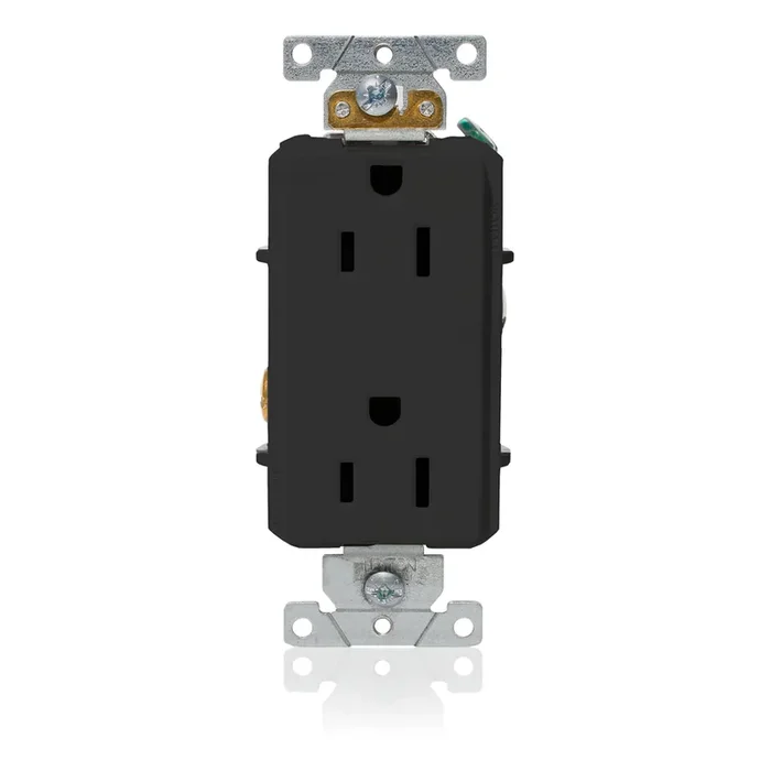Leviton Decora Plus Duplex Receptacle Outlet Heavy-Duty Industrial Spec Grade Smooth Face 15 Amp 125V Side Wire NEMA Black (16242-E)