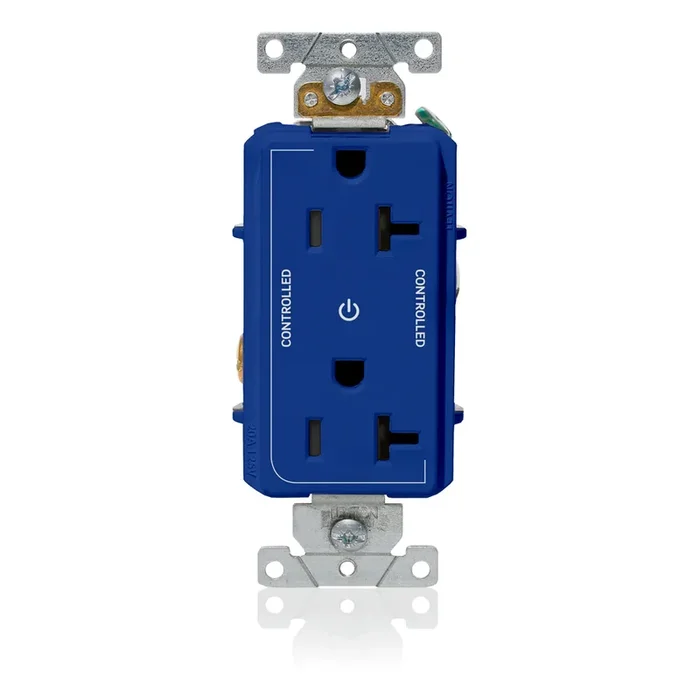 Leviton Decora Plus Duplex Receptacle Outlet Heavy-Duty Industrial Spec Grade Two Outlets Marked Controlled Smooth Face 20 Amp 125V Blue (16352-2PB)