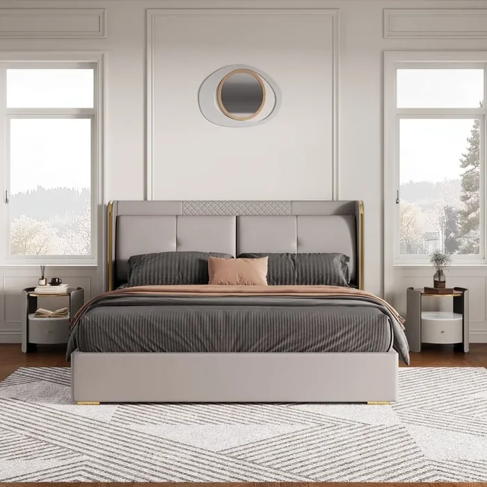 Light Gray Wingback King Bed with Faux Leather Upholstered Headboard & 2 Nightstands Set with Glass Top & Sintered Stone Bedside with Shelf
