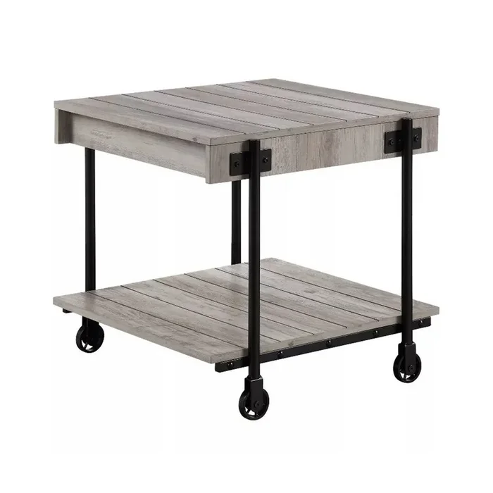 Loak 24 Inch Side End Table, Plank Design, Caster Wheels, Brown, Black