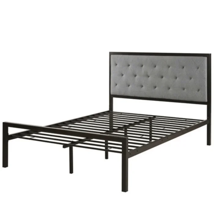 Low Profile Metal Bed Frame – Contemporary Upholstered Headboard with Slat Base