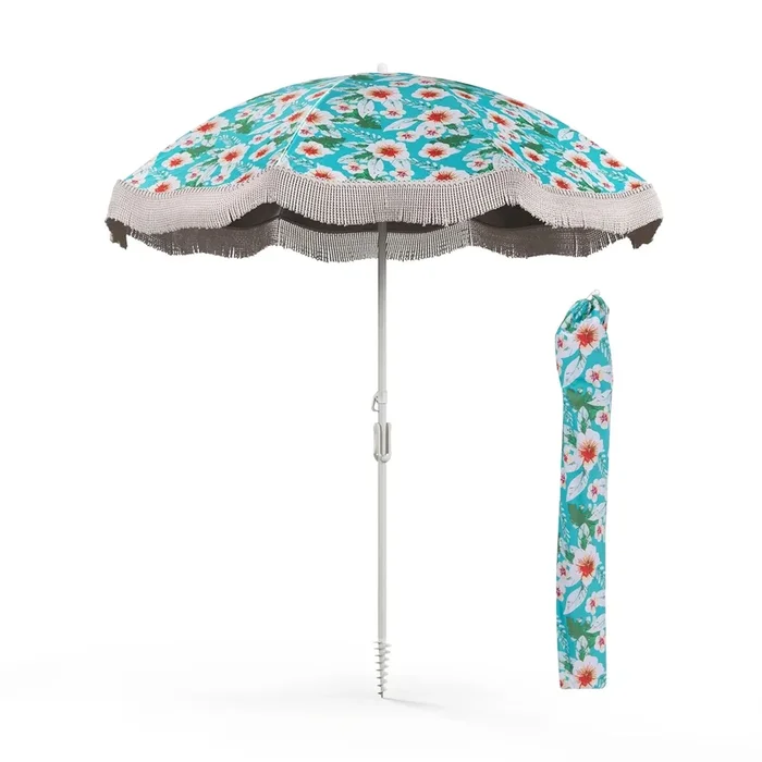Mondawe 6.5 FT Beach Umbrella with Fringe Outdoor Tassel Umbrella with Push Button Tilt