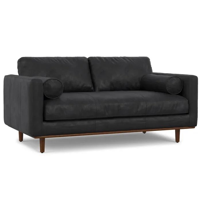 Morrison 72 inch Wide Mid-Century Modern Sofa in Lead Black Genuine Leather
