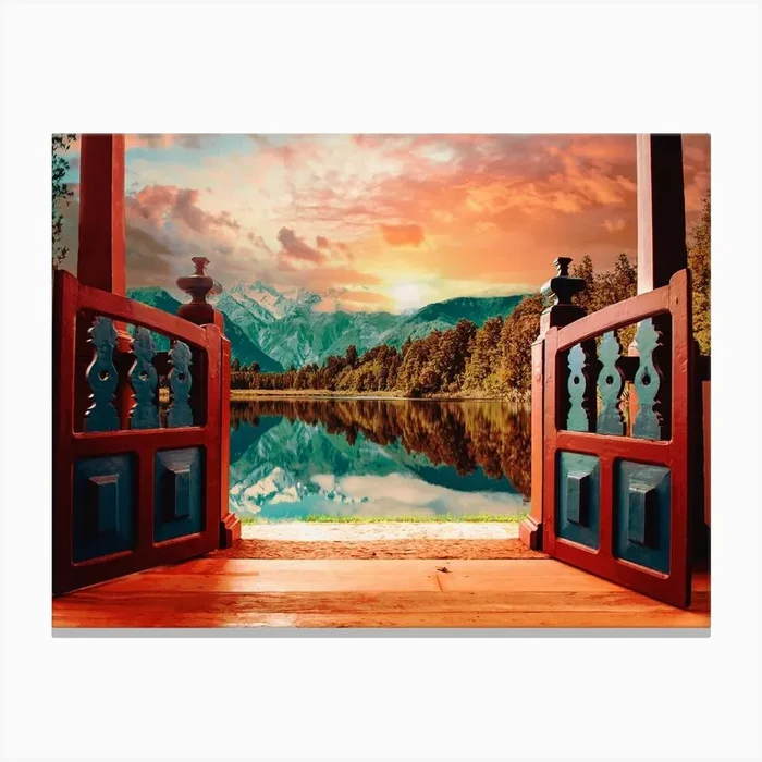 Mountain Lake Patio Scene Canvas Print by Cosmo Zach