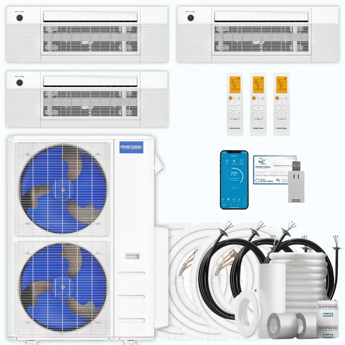 MRCOOL DIY 5th Gen 3-Zone 33,000 BTU Ceiling Cassette Ductless Mini Split Air Conditioner & Heat Pump with Pre-Charged Line Sets (6K+9K+18K), DIYM348HP
