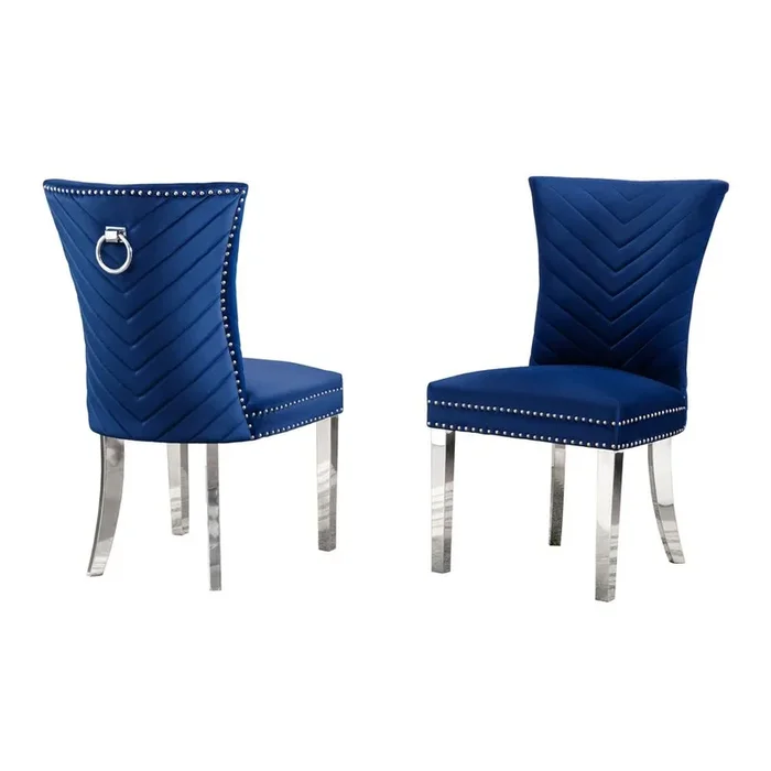 Navy blue velvet side chairs with silver base – Set of 2