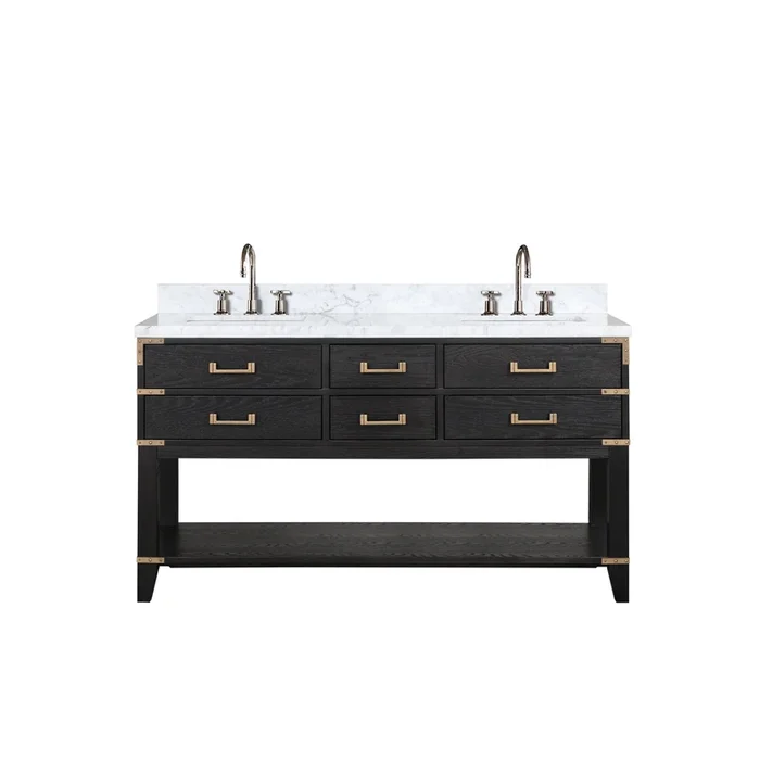 Norwalk 60 in W x 22 in D Black Oak Double Bath Vanity, Carrara Marble Top, and Faucet Set