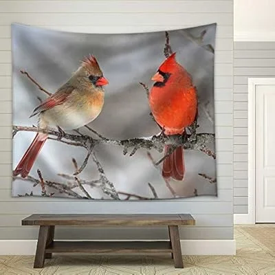 Pair of Northern Cardinal (Cardinalis Cardinalis) in a Tree – Fabric Wall Tapestry Home Decor – 68×80 inches