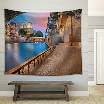 Paris. Image of The Notre-Dame Cathedral and Riverside of Seine River in Paris, France – Fabric Wall Tapestry Home Decor – 68×80 inches