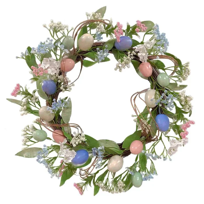Pink, Blue, White & Teal Floral Egg Wreath, 22″