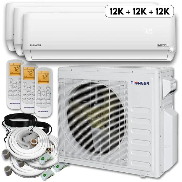 Pioneer® Mini Split 36,000 BTU 3 Zone Ductless Air Conditioner and Heat Pump with 33 ft. Kits, WYT040GLHI22M4-12W-12W-12W-33