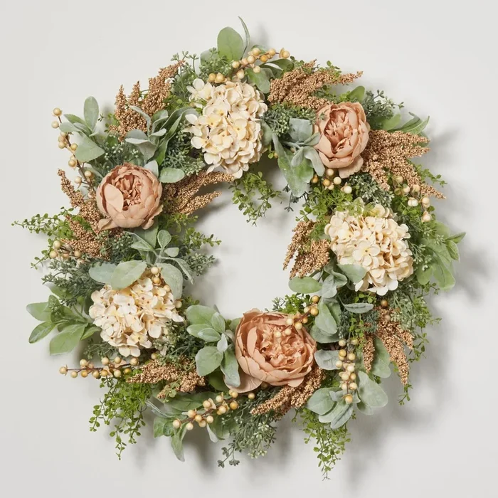 Pistachio Latte Hydrangea and Peony Everyday Front Door Fall Wreath