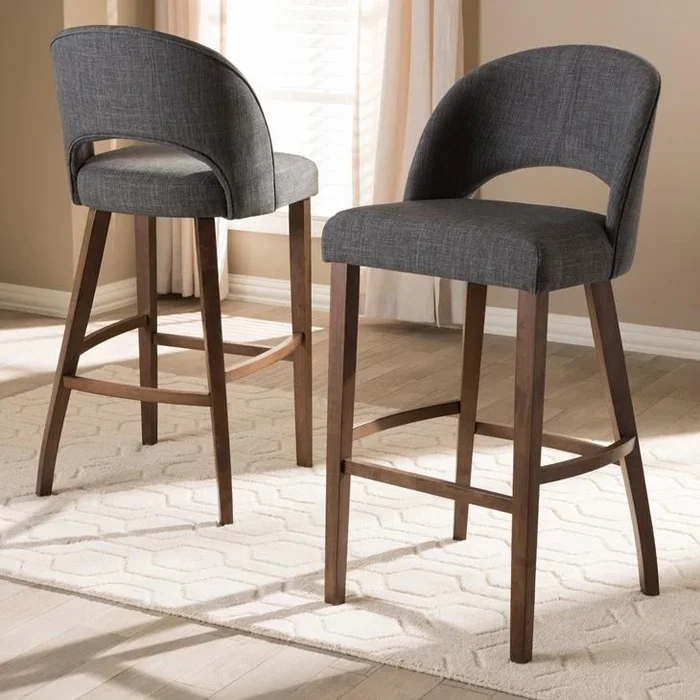 Plateau Mid-Century Modern Dark Grey Fabric Upholstered Walnut Finished Wood Bar Stool (Set of 2)