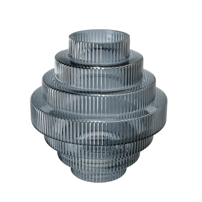 Rae 10 Inch Glass Vase, Geometric Round, Contemporary, Smokey Blue, Clear – Benzara