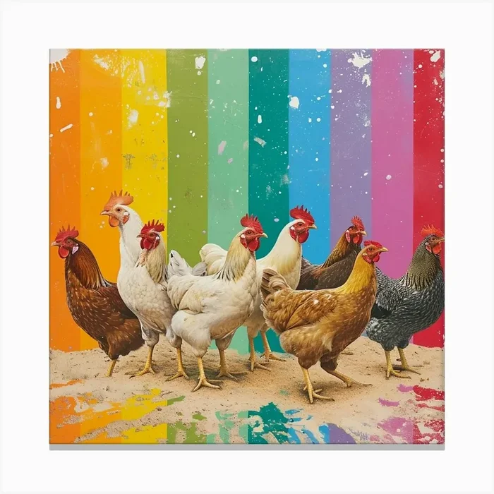Rainbow Stripe Chicken Collage 1 Canvas Print by Bubblegum Kitsch