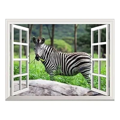 Removable Wall Sticker/Wall Mural – Forest View with a Zebra Walking by | Creative Window View Wall Decor – 24