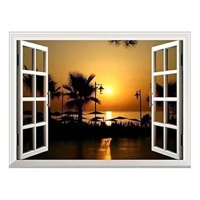 Removable Wall Sticker/Wall Mural – Majestic Tropical Scenery at Sunset | Creative Window View Wall Decor – 24