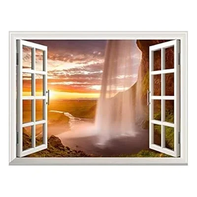 Removable Wall Sticker/Wall Mural – Majestic Waterfall at Sunset | Creative Window View Wall Decor – 24