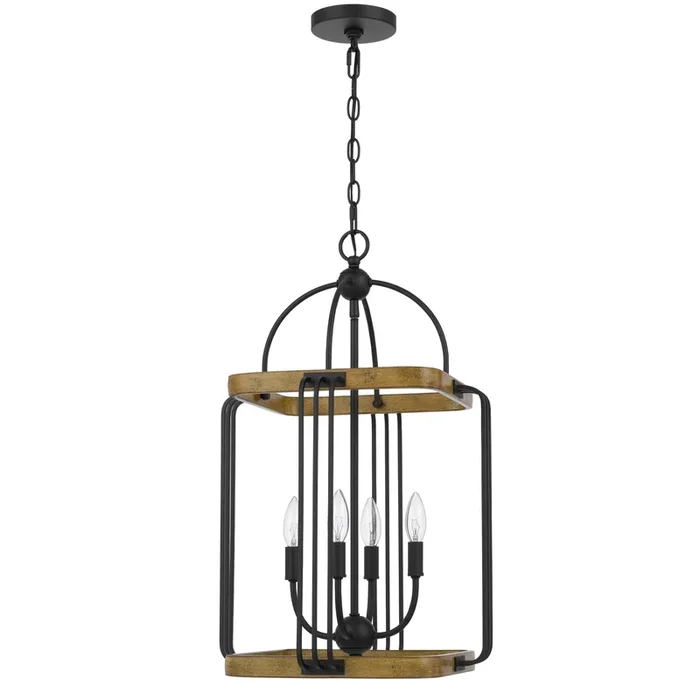 Rio 16 Inch Chandelier w Upturned Lights and Canopy, Wood, Black Metal – Benzara