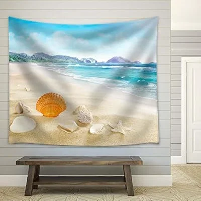 Seashells on Soft Tropical Beach – Fabric Tapestry, Home Decor – 68×80 inches